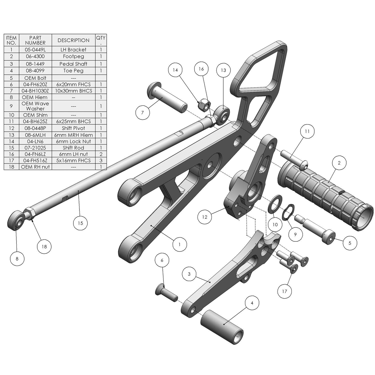 Woodcraft 2006-2016 Yamaha YZF-R6 STD Shift Rearset w/ Shift Pedal