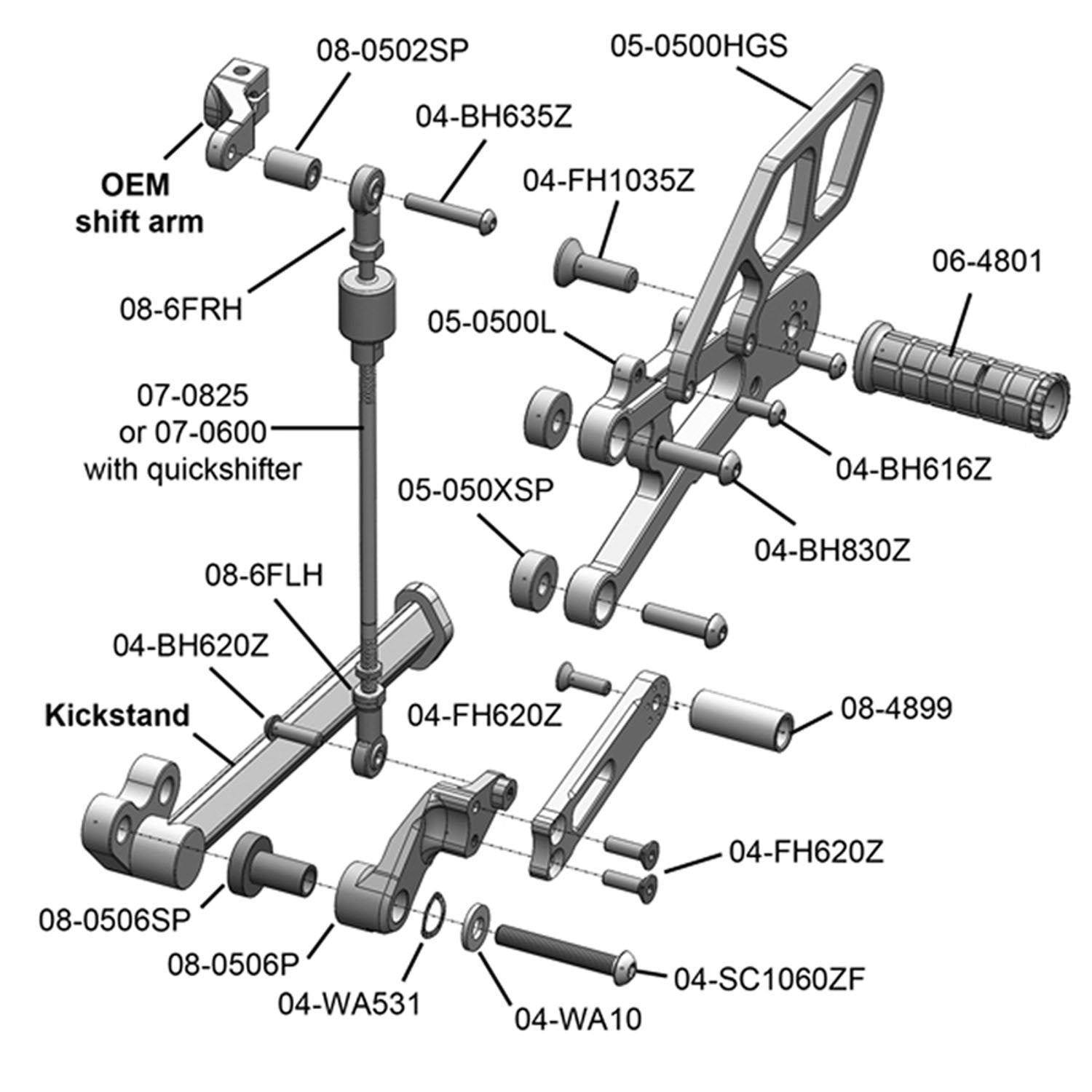 Woodcraft 2013-2017 Triumph Daytona 675 675R GP Shift Complete Rearset Kit w/ Pedals & QS