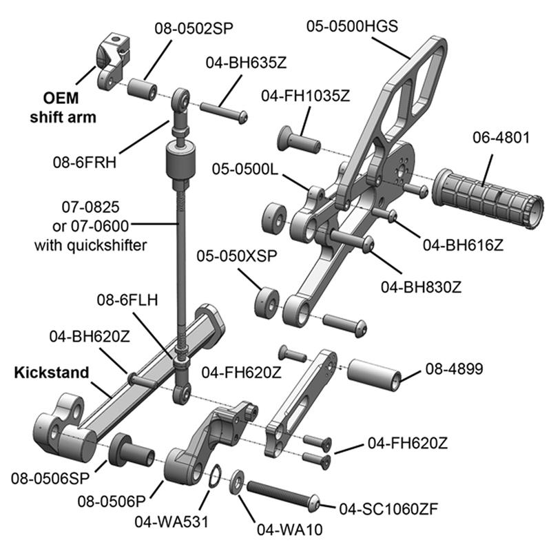 Woodcraft 2013-2017 Triumph Street Triple Complete Rearset Kit w/ Pedals (NO QS)