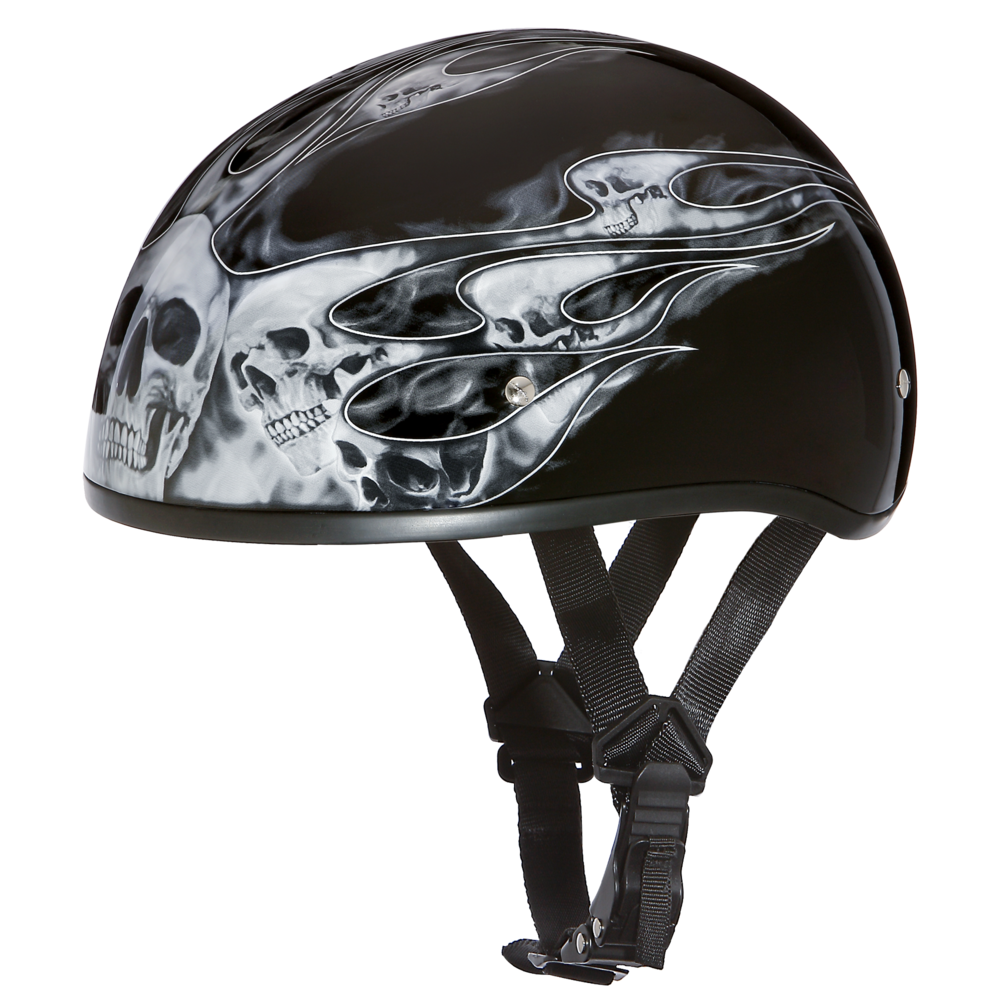 Daytona Skull Flames Silver Skull Cap Half Motorcycle Helmet (2XS - 2XL)