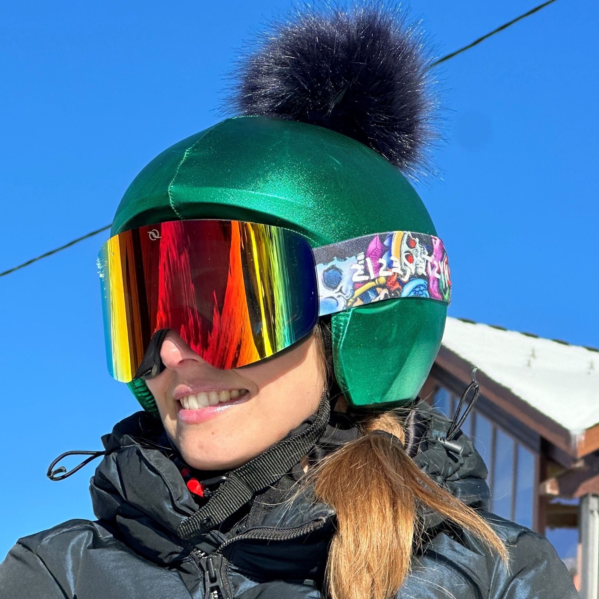 Coolcasc Green With Blue Pon Pon Helmet Cover