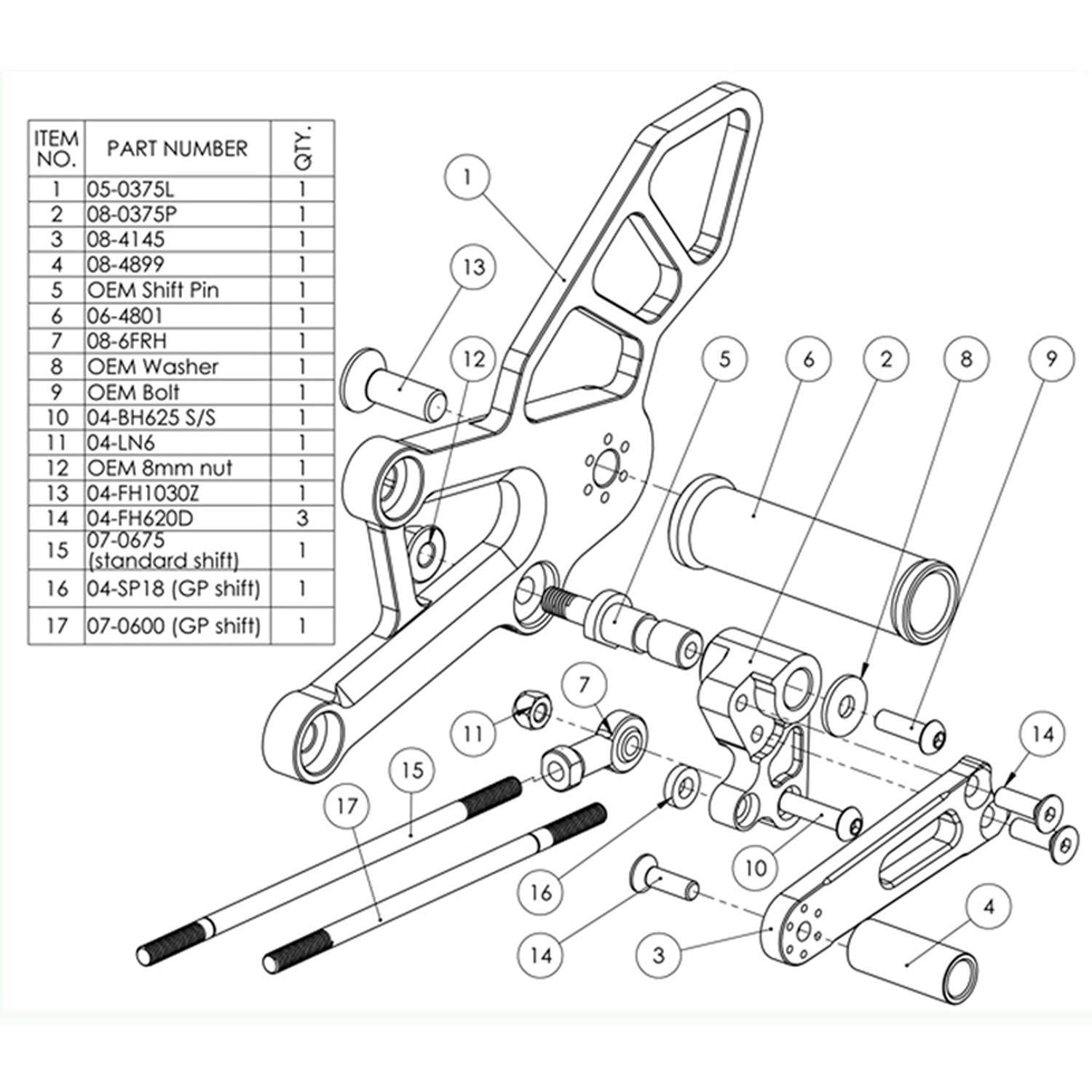 Woodcraft Honda CBR250R CBR300R GP Shift Complete Rearset Kit w/ Pedals