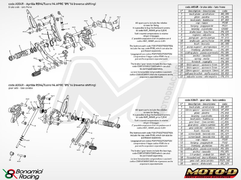 Bonamici 2011 - 2016 Aprilia RSV4 Tuono V4 With APRC GP Shift Rearsets Foot Pegs
