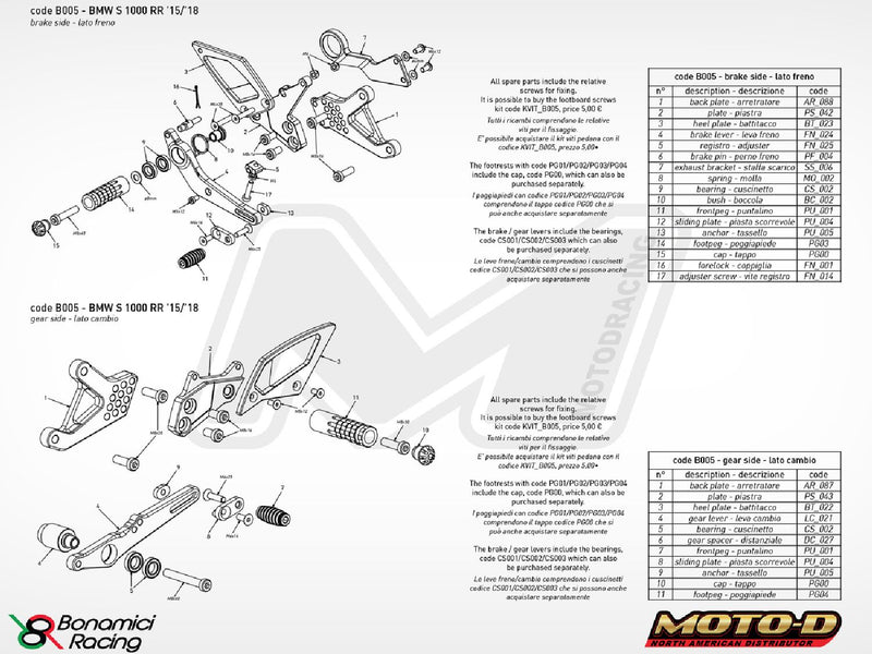 Bonamici 2015 - 2019 BMW S1000R HP4 Motorrad-One Blue Rearsets Foot Pegs