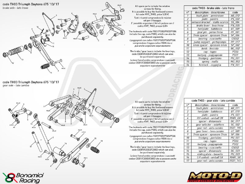 Bonamici 2013+ Triumph Daytona 675 R 765 Moto2 Rearsets Foot Pegs